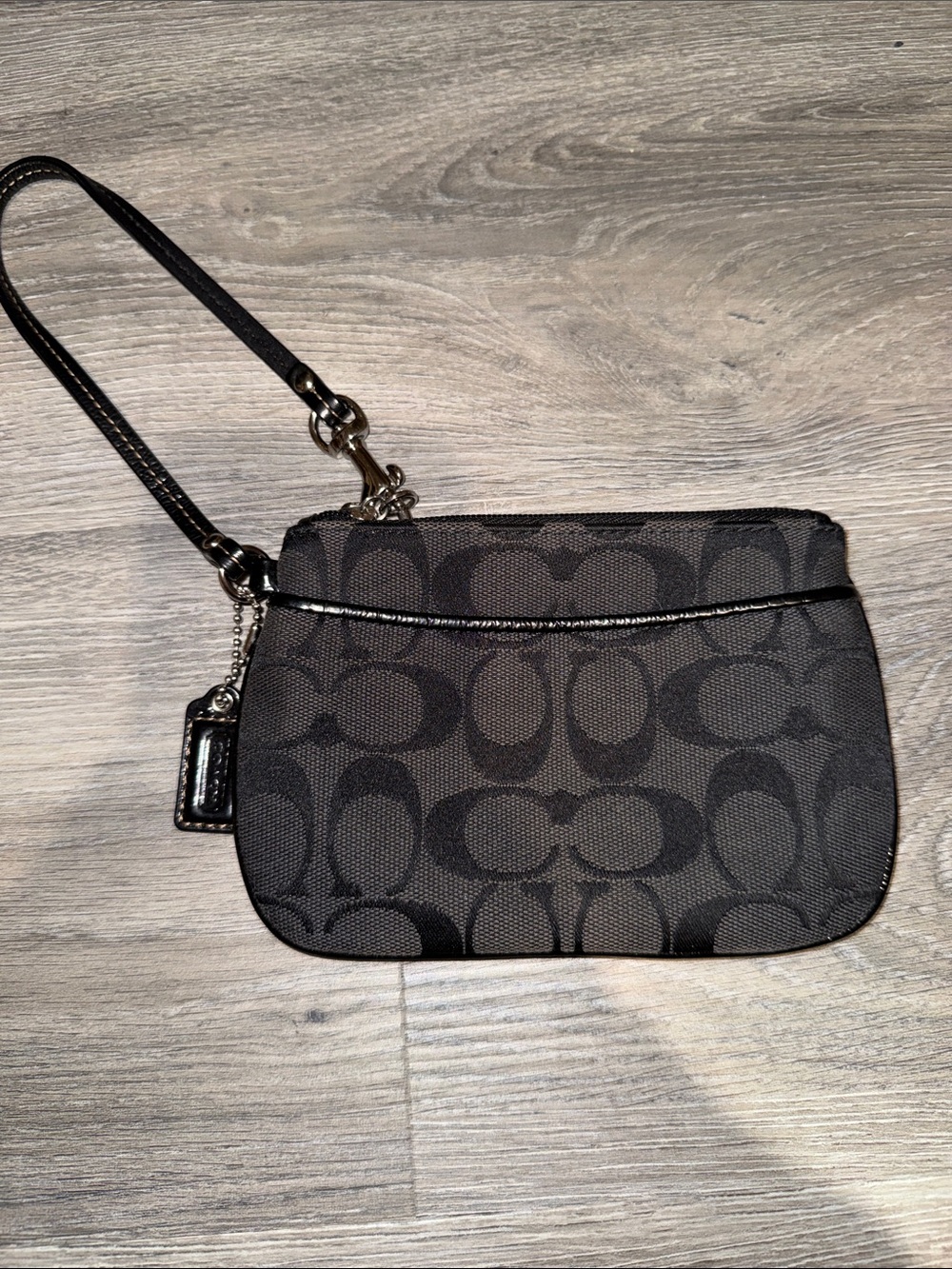 Coach Black Signature Canvas Wristlet with Logo Charm